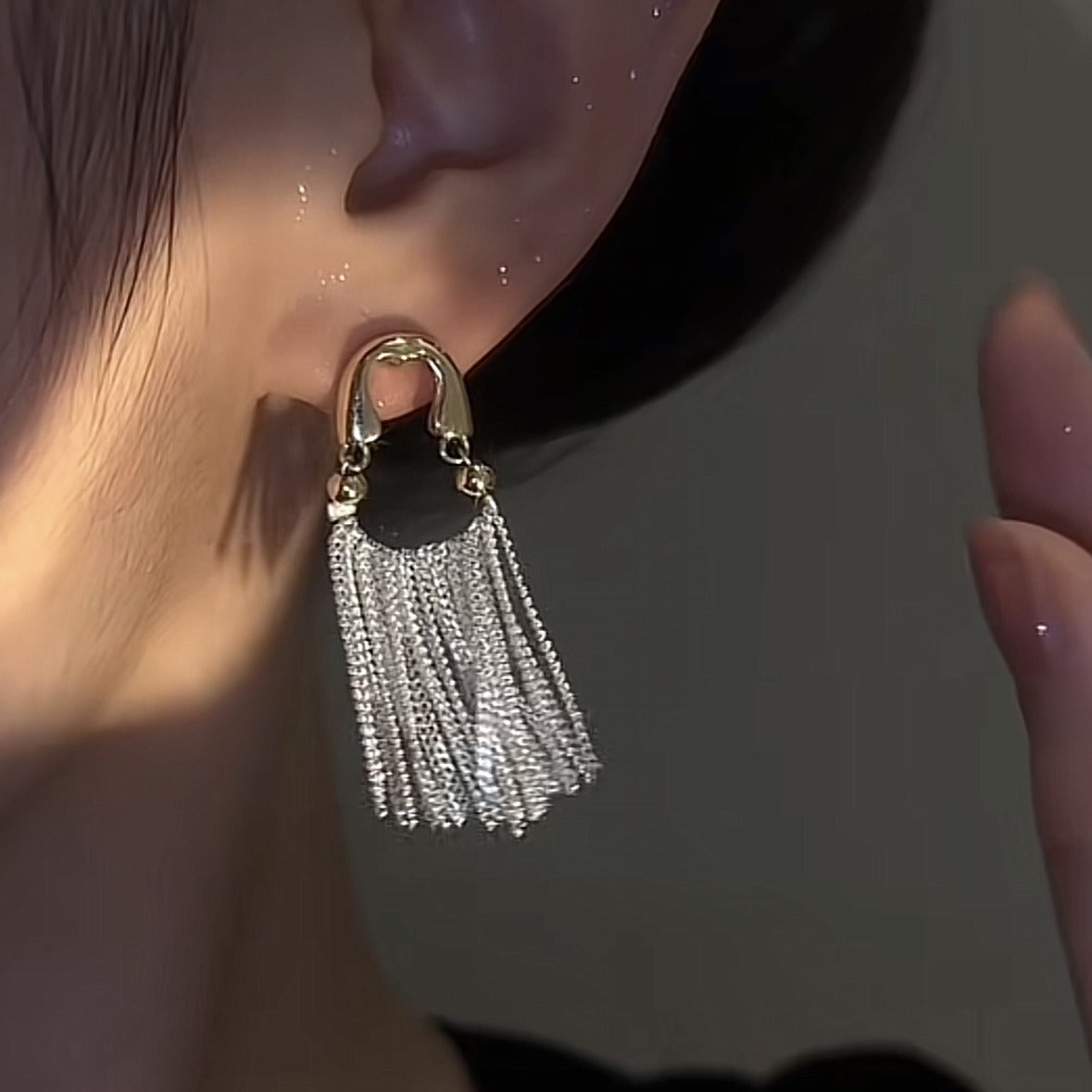 Gold semicircle curved tassel earrings waterfall silver tassel earrings