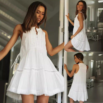 Vacation short skirt lace patchwork stand up collar button up large hem dress